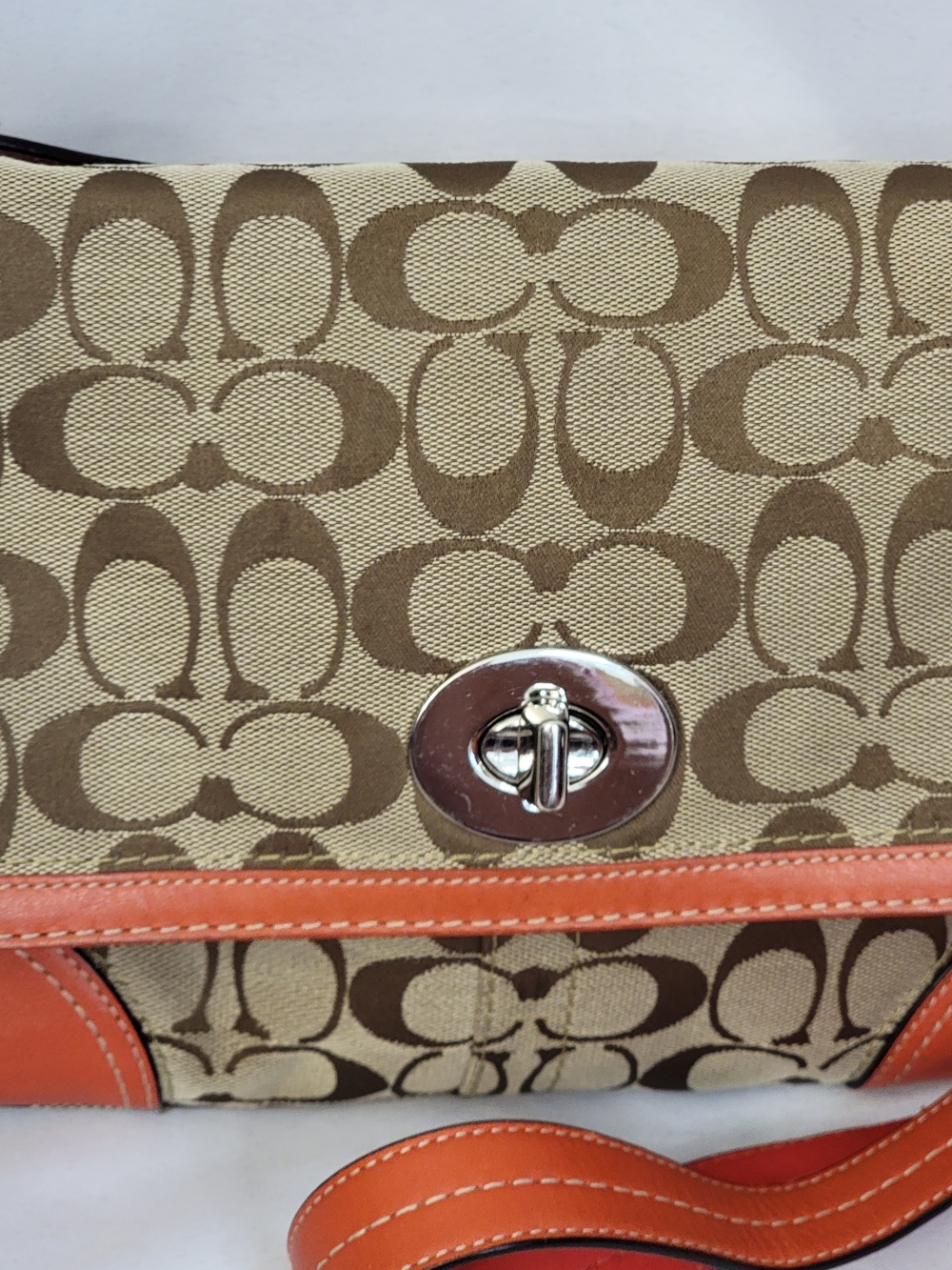 Coach Signature Canvas Crossbody in Tan and Orange Trim - Picture 4 of 15